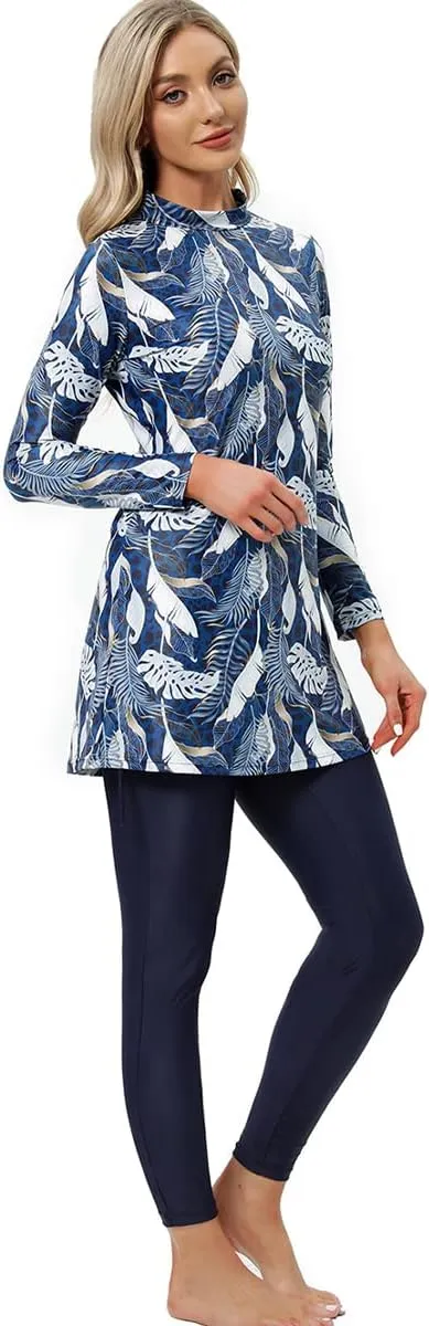 IBAKOM Muslim Swimsuit for Women Rash Guard Set 3 Pieces Long Sleeve Modest Swimwear with Swim Cap Surfing Bathing Suit