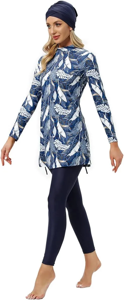 IBAKOM Muslim Swimsuit for Women Rash Guard Set 3 Pieces Long Sleeve Modest Swimwear with Swim Cap Surfing Bathing Suit