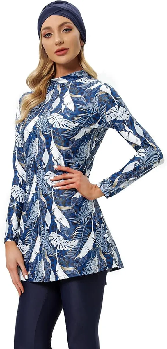 IBAKOM Muslim Swimsuit for Women Rash Guard Set 3 Pieces Long Sleeve Modest Swimwear with Swim Cap Surfing Bathing Suit