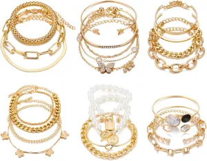 IFKM 6 PACK (24 PCS) Boho Gold Chain Bracelets Set for Women, 14K Gold Plated Multiple Layered Stackable Open Cuff Wrap Bangle Adjustable Link Italian Cuban Jewelry for Women Gift