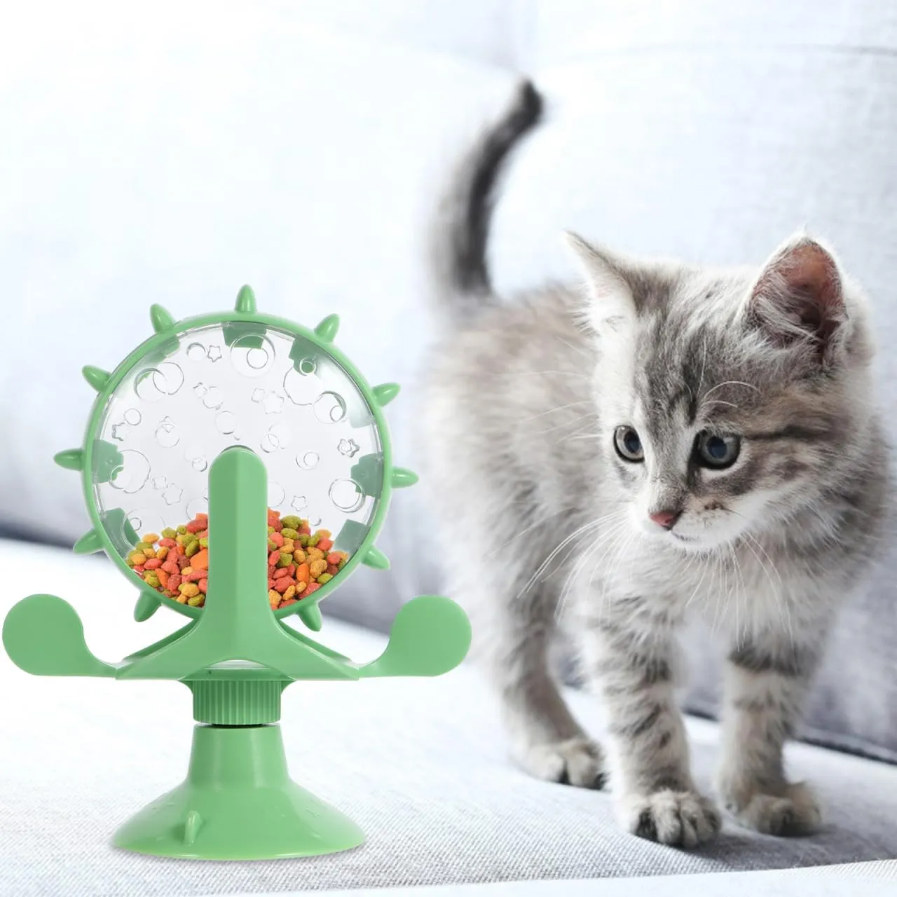 Interactive Pet Treats Dispenser Toy: 2pcs 360 Degree Rotating Windmil Puzzle Toys for Small Cat & Dog - Green Exercise Wheel Cat Feeder with Suction Cup