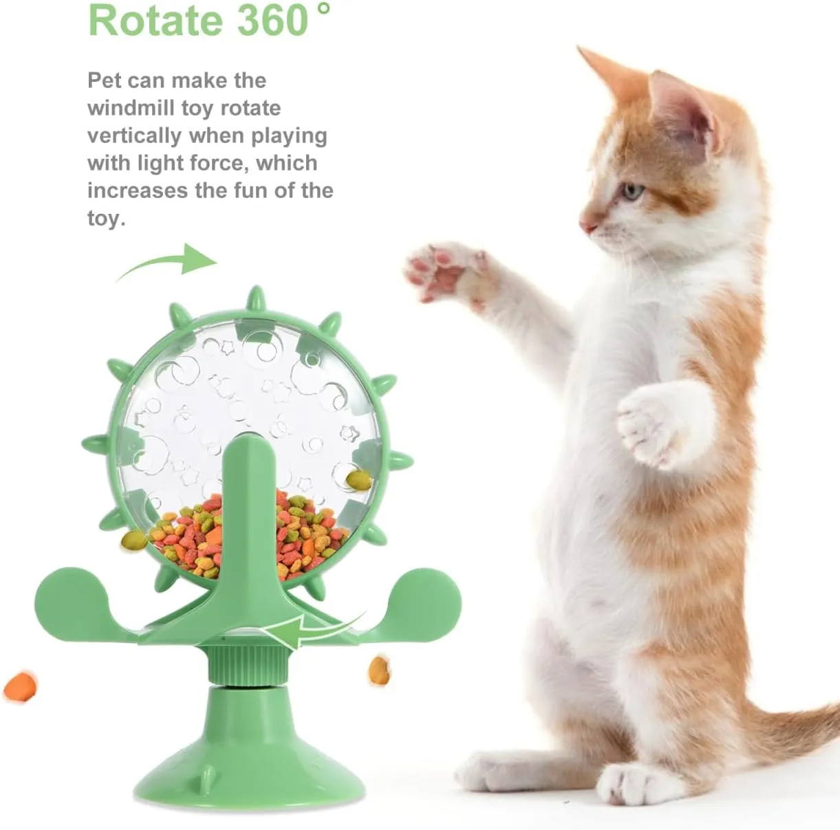 Interactive Pet Treats Dispenser Toy: 2pcs 360 Degree Rotating Windmil Puzzle Toys for Small Cat & Dog - Green Exercise Wheel Cat Feeder with Suction Cup