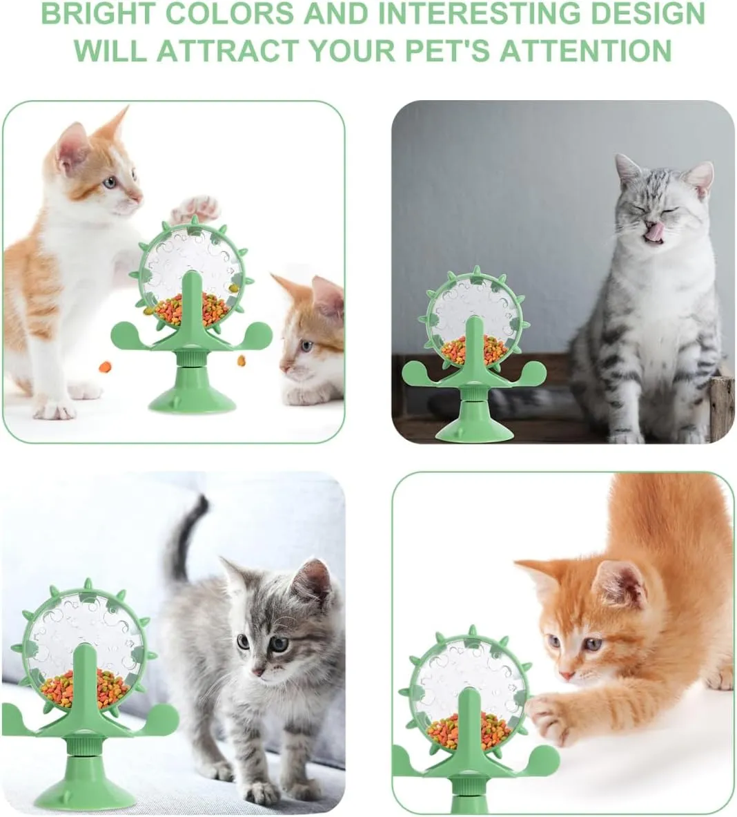 Interactive Pet Treats Dispenser Toy: 2pcs 360 Degree Rotating Windmil Puzzle Toys for Small Cat & Dog - Green Exercise Wheel Cat Feeder with Suction Cup