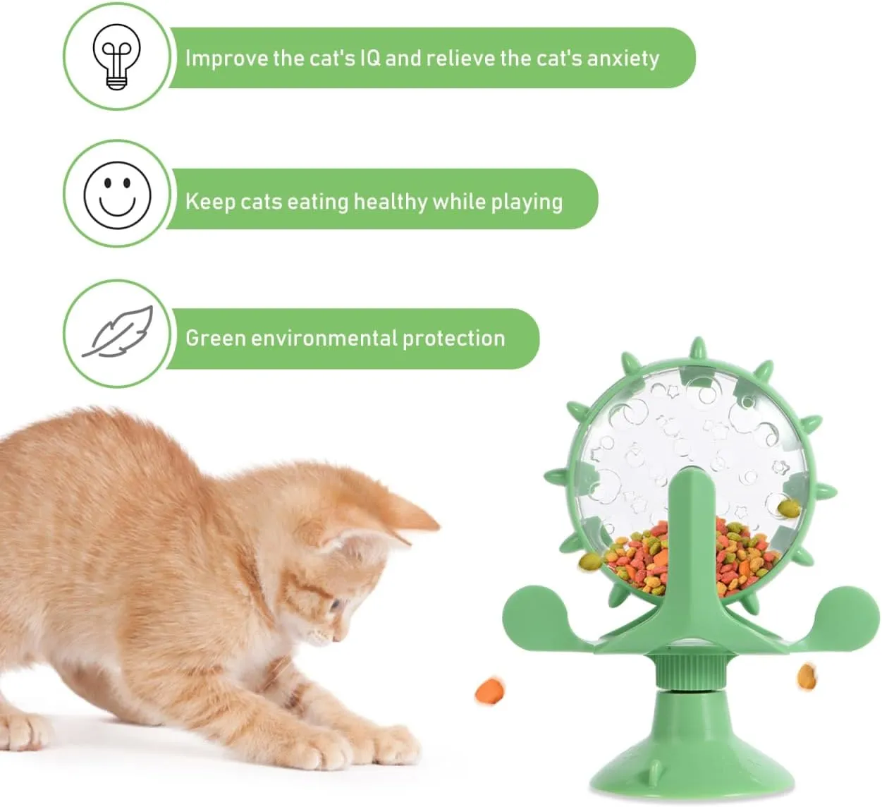 Interactive Pet Treats Dispenser Toy: 2pcs 360 Degree Rotating Windmil Puzzle Toys for Small Cat & Dog - Green Exercise Wheel Cat Feeder with Suction Cup