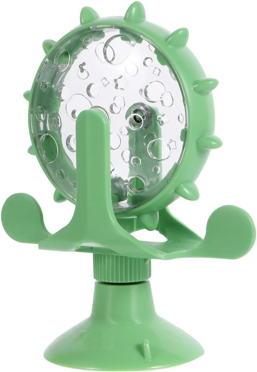 Interactive Pet Treats Dispenser Toy: 2pcs 360 Degree Rotating Windmil Puzzle Toys for Small Cat & Dog - Green Exercise Wheel Cat Feeder with Suction Cup