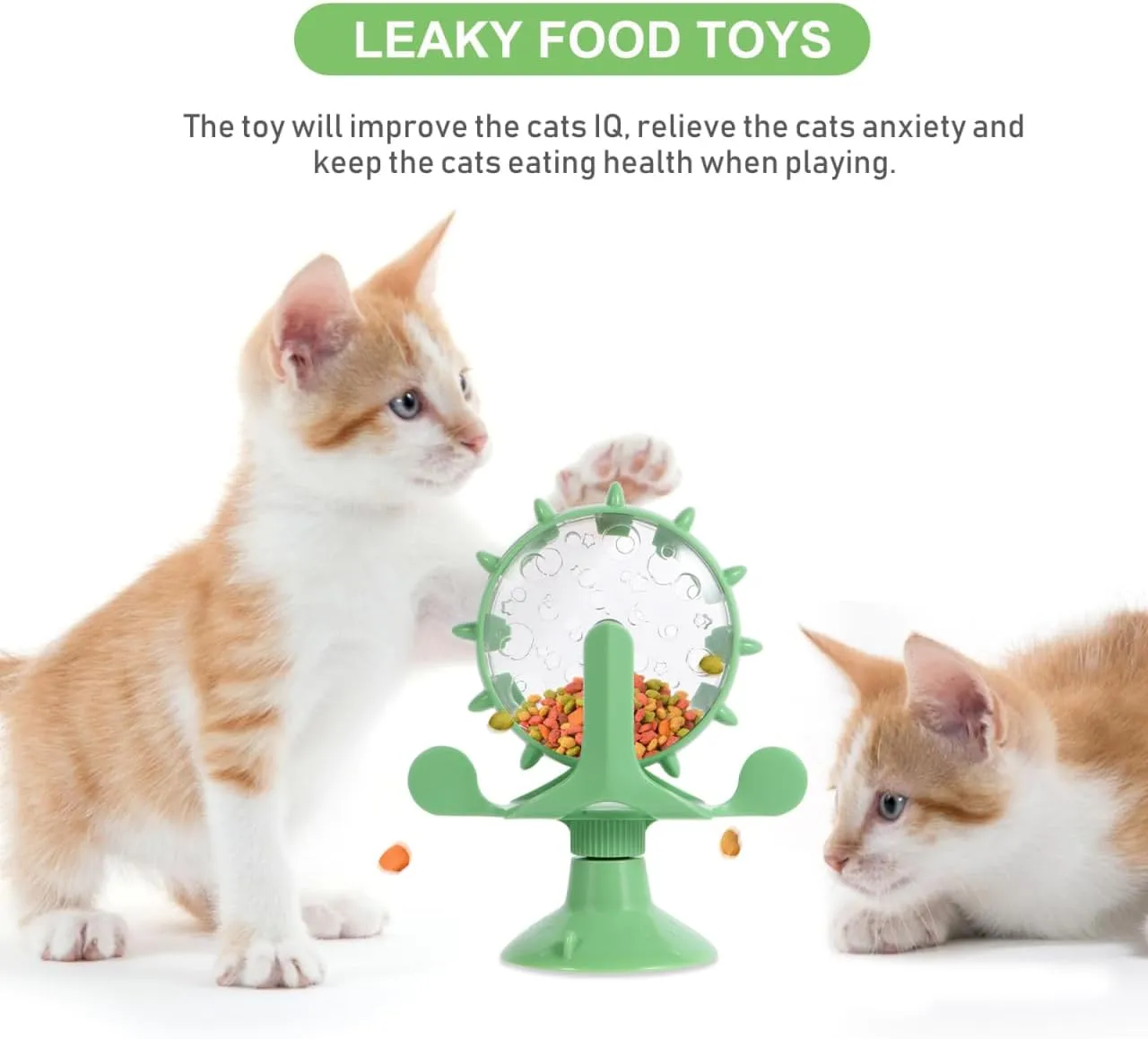 Interactive Pet Treats Dispenser Toy: 2pcs 360 Degree Rotating Windmil Puzzle Toys for Small Cat & Dog - Green Exercise Wheel Cat Feeder with Suction Cup