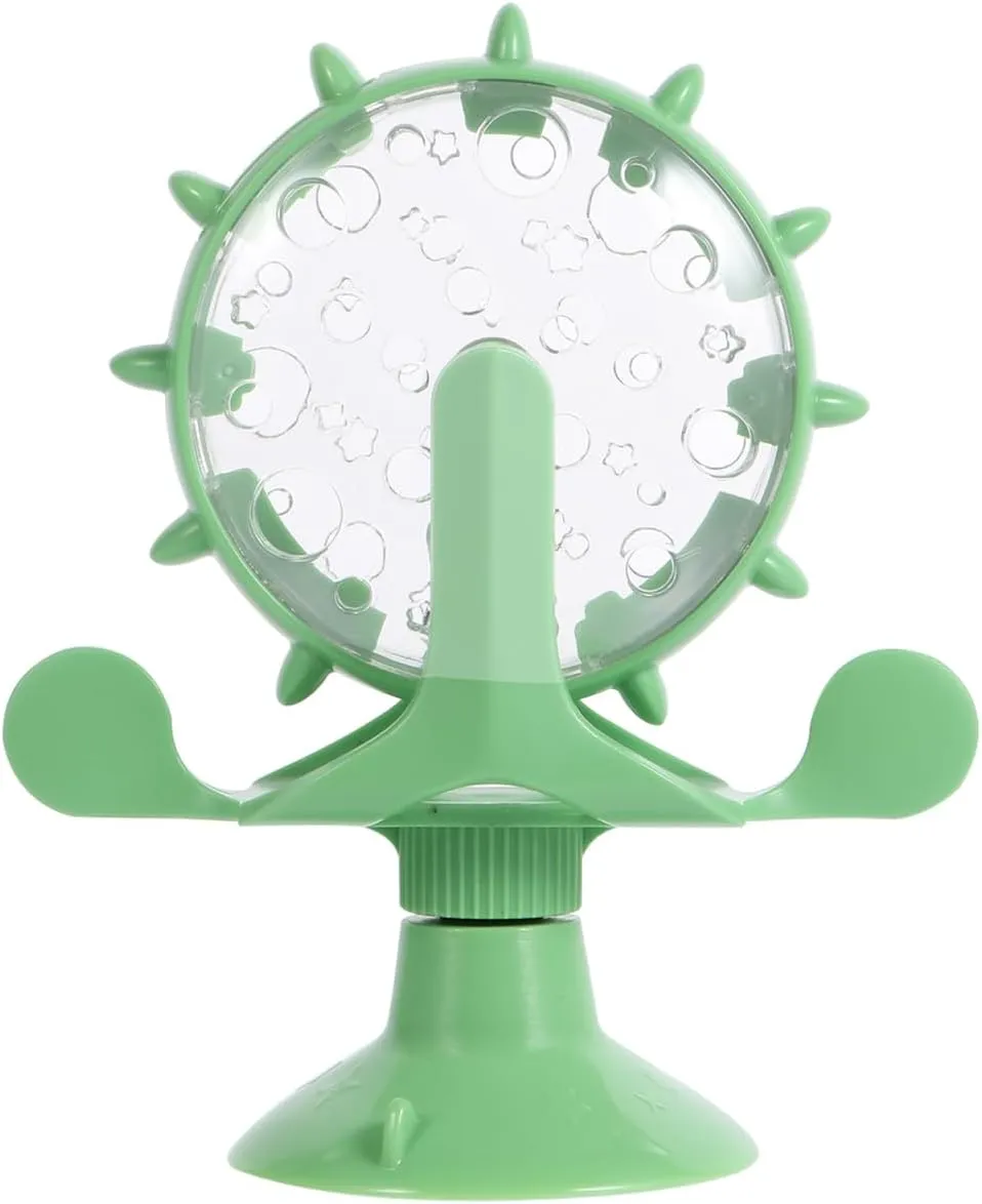 Interactive Pet Treats Dispenser Toy: 360 Degree Rotating Windmil Puzzle Toys for Small Cat & Dog - Green Exercise Wheel Cat Feeder with Suction Cup