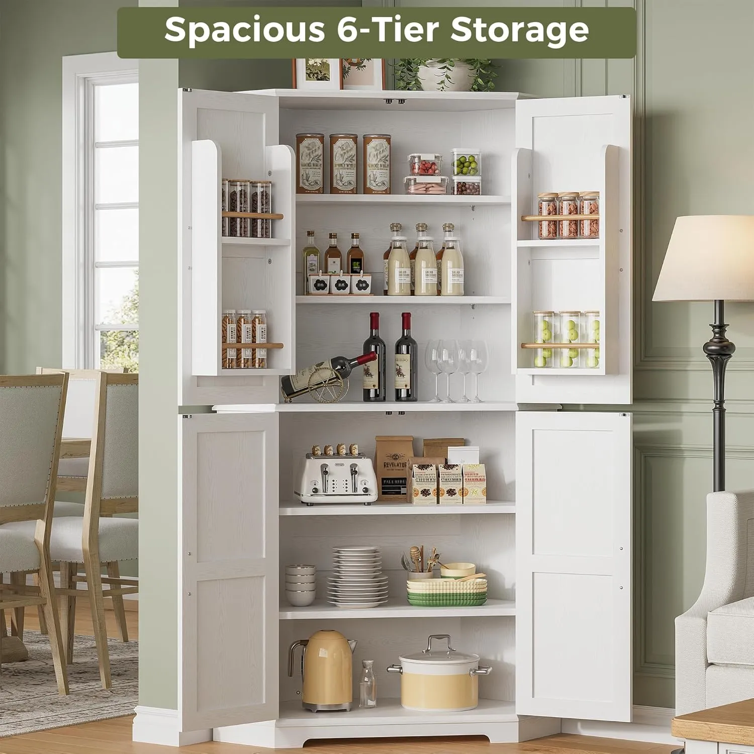 IRONCK Corner Cabinet, 72" Kitchen Pantry Cabinet, 6-Tier Freestanding Farmhouse Pantry with 4 Adjustable Shelves, 240°Swivel Doors, 2 Doors Storage, Spacious Hutch for Kitchen, Living Room, White