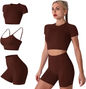 IWEMEK Women Seamless Yoga Outfits 2 Piece Workout Short Sleeve Crop Top with High Waisted Running Shorts Sets Activewear