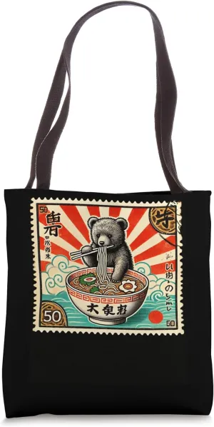 Japanese Mt. Fuji Sunset Postage Stamp Cub Bear Ramen Tote Bag