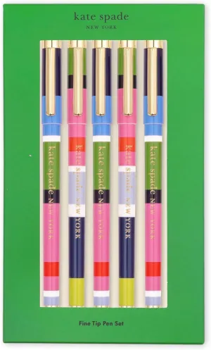 kate spade new york Fine Point Pen Set of 5, Plastic Colorful Pens, Fine Tip Colored Ink Pens for Precise Writing and Journaling, Sunny Day Stripe