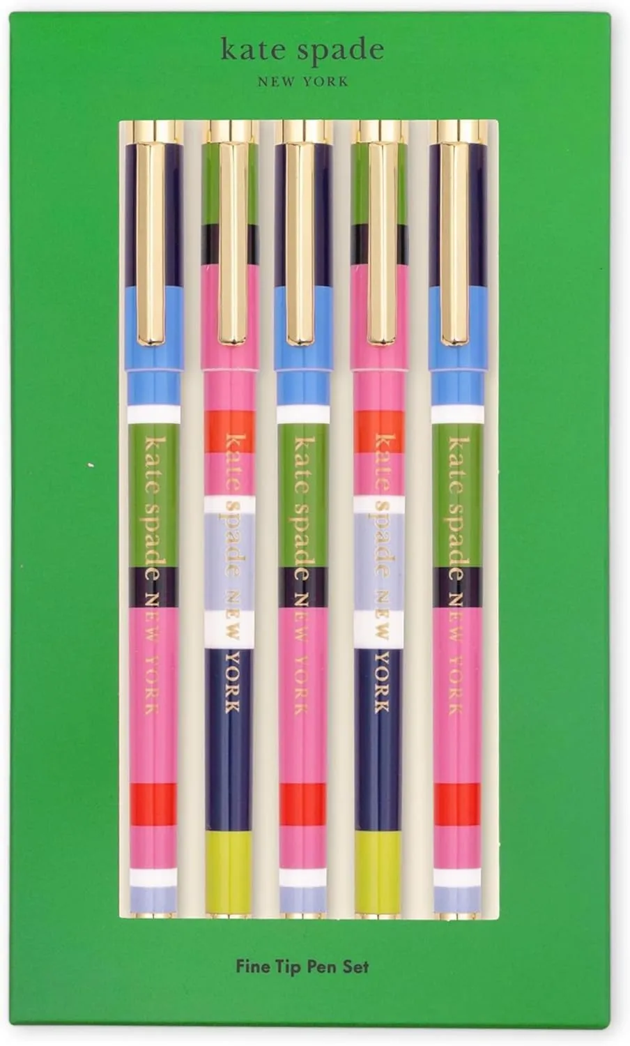 kate spade new york Fine Point Pen Set of 5, Plastic Colorful Pens, Fine Tip Colored Ink Pens for Precise Writing and Journaling, Sunny Day Stripe