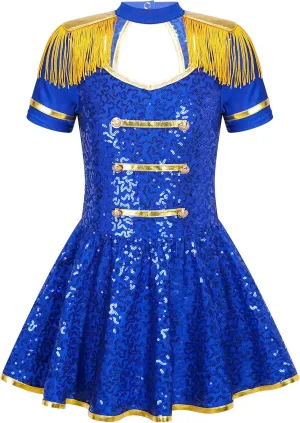 Kids Girls Honor Guard Uniform Marching Band Drum Majorette Sequins Tassel Leotard Tutu Dress