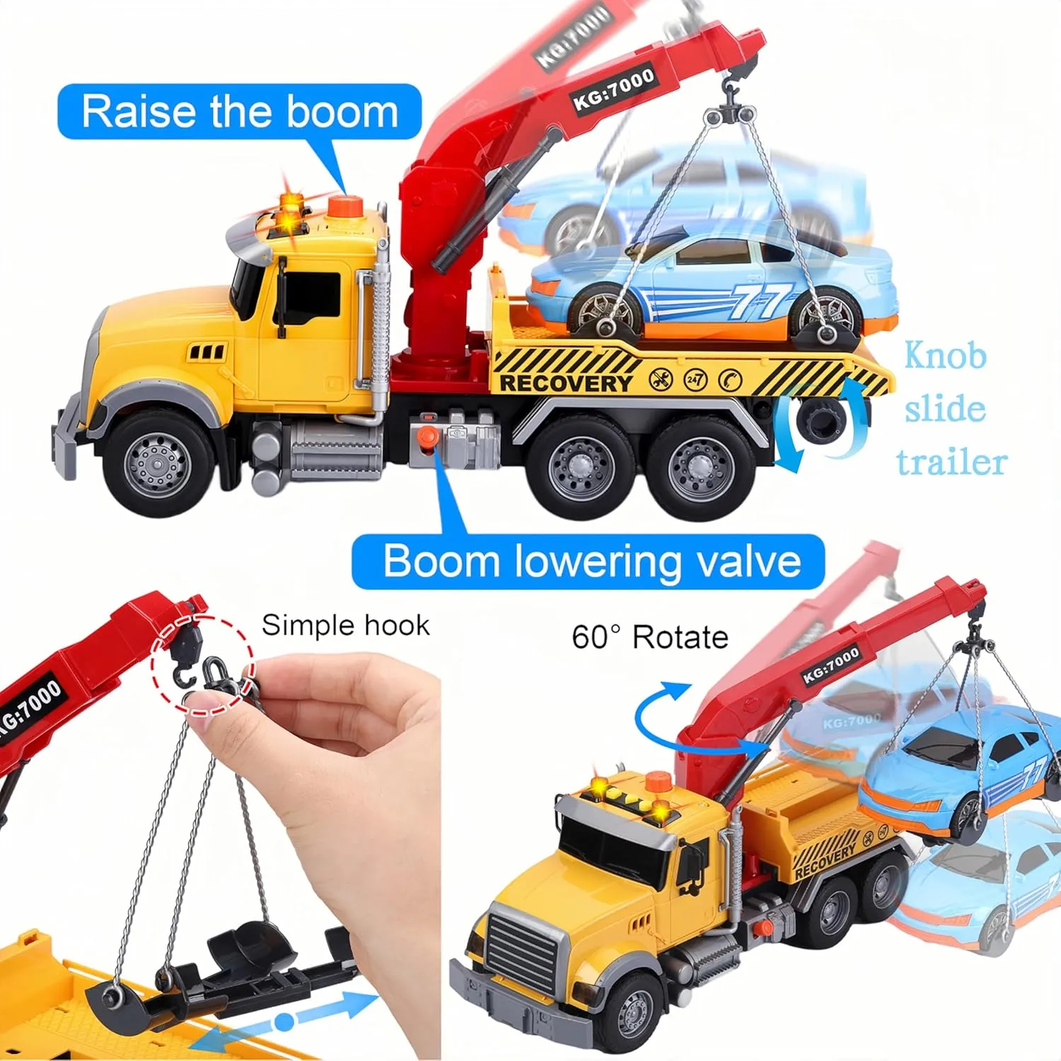Kids Tow Truck with Car Toys for Boys Ages 4-7, Large Tow Truck Toys with Working Hook Lights and Music Rescue Toys for Kids 8-12 Birthdays