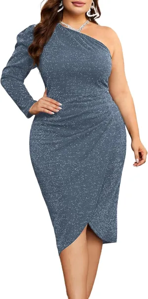 KIMCURVY Women's Plus Size Formal Dress Glitter Cocktail One Shoulder Dresses Ruched Wrap Sparkly Party Midi Bodycon Dress