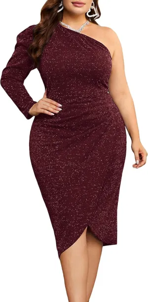 KIMCURVY Women's Plus Size Formal Dress Glitter Cocktail One Shoulder Dresses Ruched Wrap Sparkly Party Midi Bodycon Dress