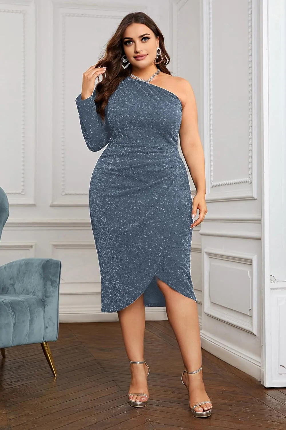 KIMCURVY Women's Plus Size Formal Dress Glitter Cocktail One Shoulder Dresses Ruched Wrap Sparkly Party Midi Bodycon Dress