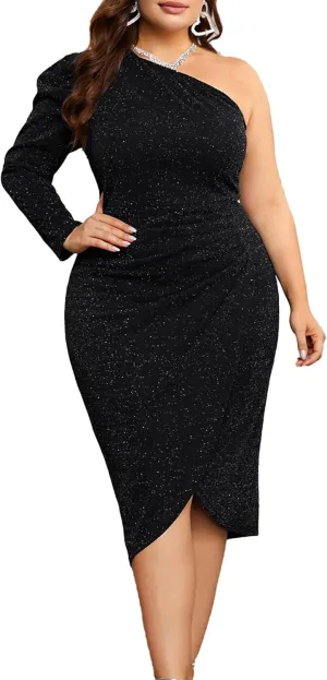 KIMCURVY Women's Plus Size Formal Dress Glitter Cocktail One Shoulder Dresses Ruched Wrap Sparkly Party Midi Bodycon Dress
