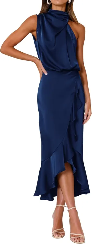 KIRUNDO Womens 2025 Summer Satin Mock Neck Wedding Guest Party Cocktail Midi Dress Sleeveless Wrap Ruffle Formal Dresses