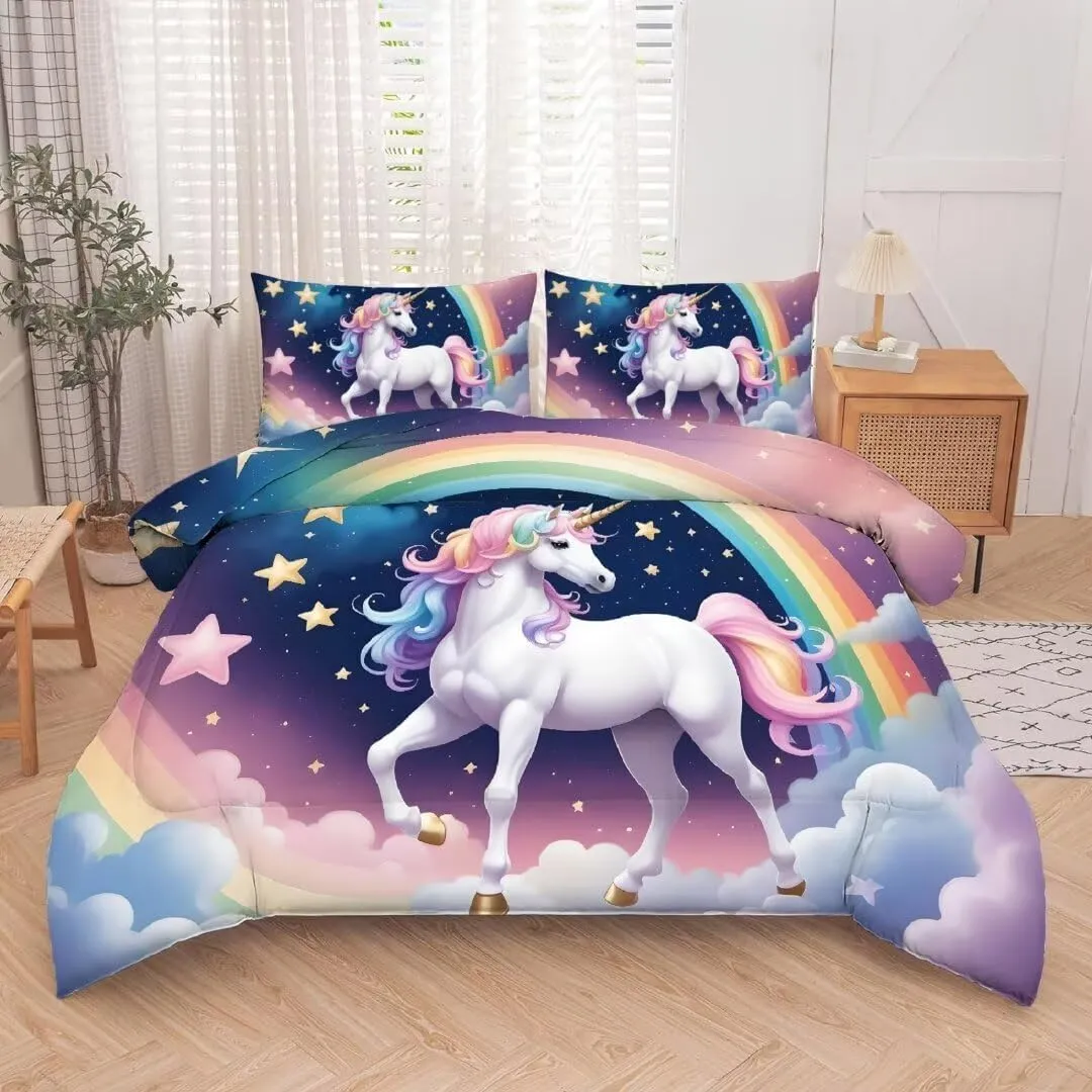 kxry Unicorn Galaxy Comforter Sets Queen Size Cartoon Blue Sky Rainbow Bedding Set Star Cloud Bedding Quilt for Kids Teens Girls 1 Comforter  2 Pillowcases
