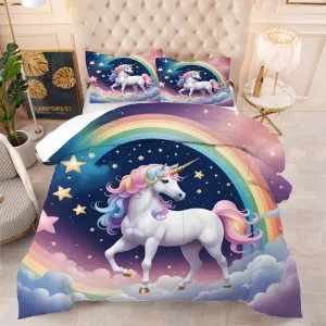 kxry Unicorn Galaxy Comforter Sets Queen Size Cartoon Blue Sky Rainbow Bedding Set Star Cloud Bedding Quilt for Kids Teens Girls 1 Comforter  2 Pillowcases