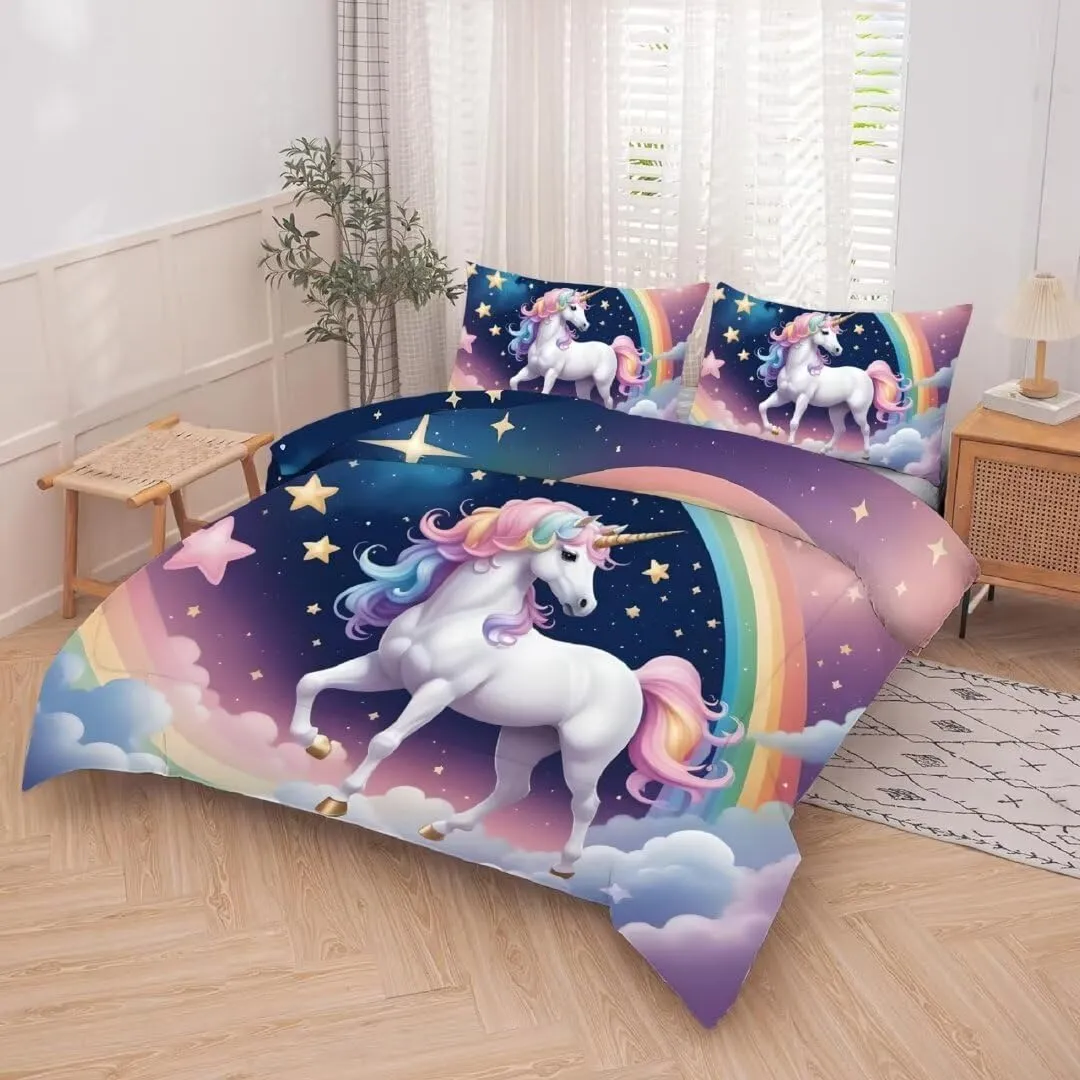 kxry Unicorn Galaxy Comforter Sets Queen Size Cartoon Blue Sky Rainbow Bedding Set Star Cloud Bedding Quilt for Kids Teens Girls 1 Comforter  2 Pillowcases