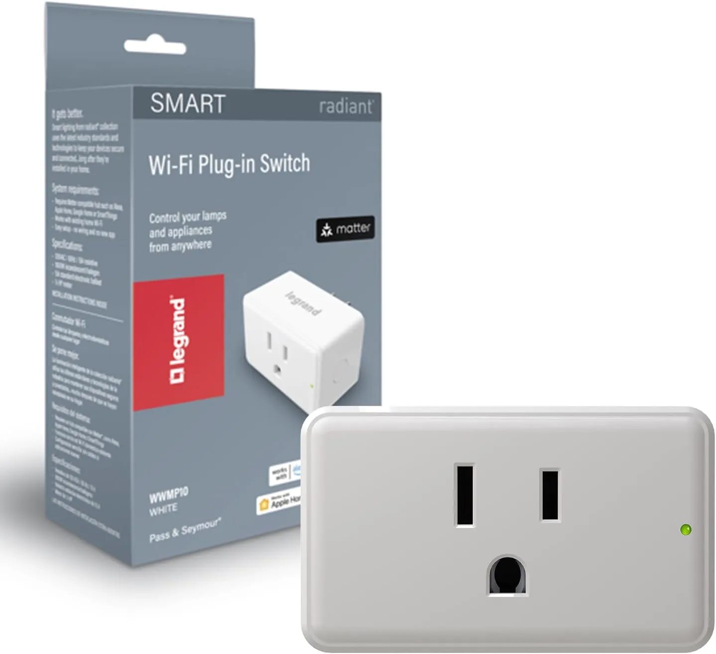 Legrand Radiant® Wi-Fi Matter Smart Plug Matter Hub Required 15A, Easy Setup, Enhanced Compatibility with Apple HomeKit, Google Home, Alexa & SmartThings, Easy Wi-Fi Connectivity w/ Matter (2 Pack)