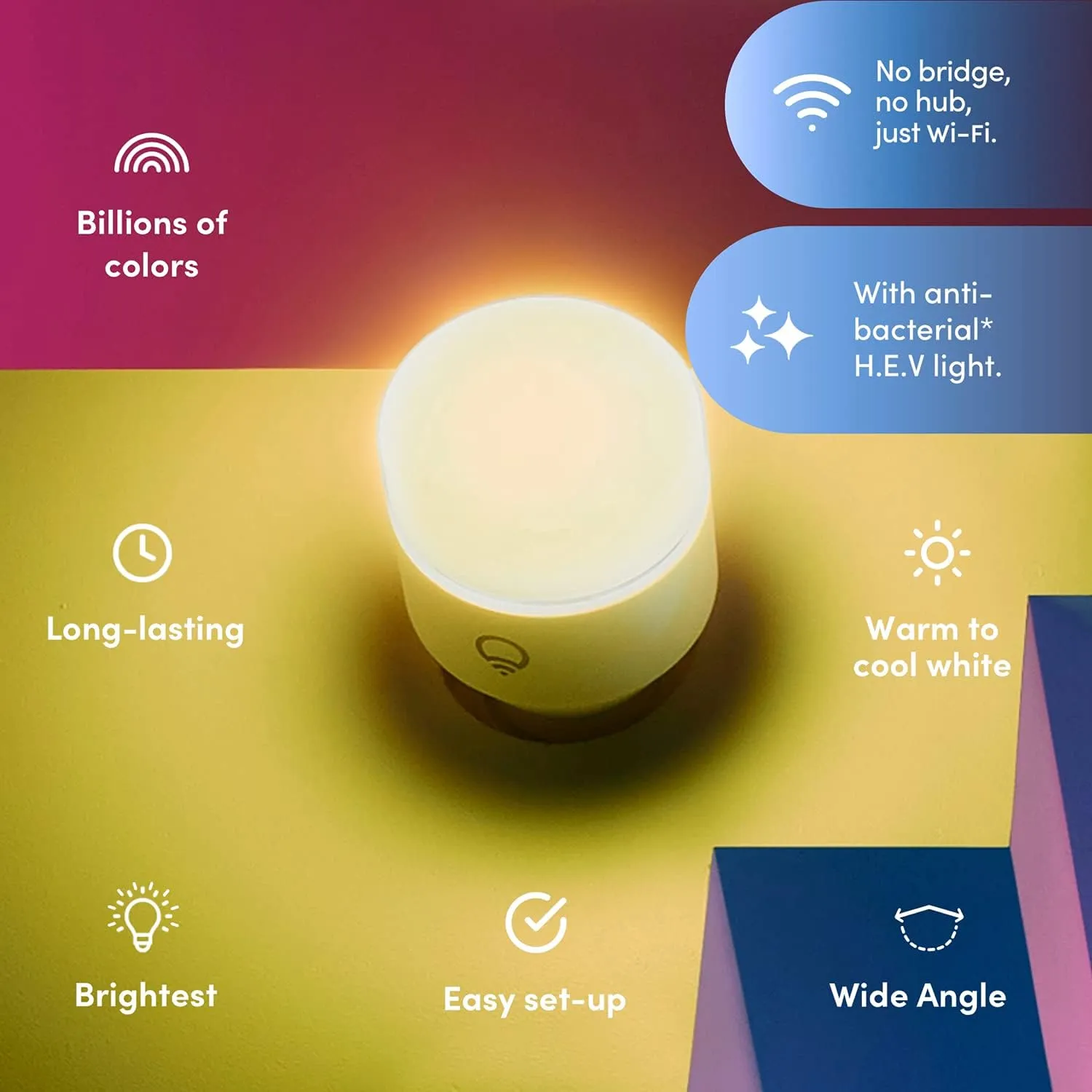 LIFX Clean, A19 1100 lumens, Full Color with Antibacterial HEV, Wi-Fi Smart LED Light Bulb, No Bridge Required, Compatible with Alexa, Hey Google, HomeKit and Siri (2-Pack), 75W