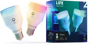 LIFX Clean, A19 1100 lumens, Full Color with Antibacterial HEV, Wi-Fi Smart LED Light Bulb, No Bridge Required, Compatible with Alexa, Hey Google, HomeKit and Siri (2-Pack), 75W