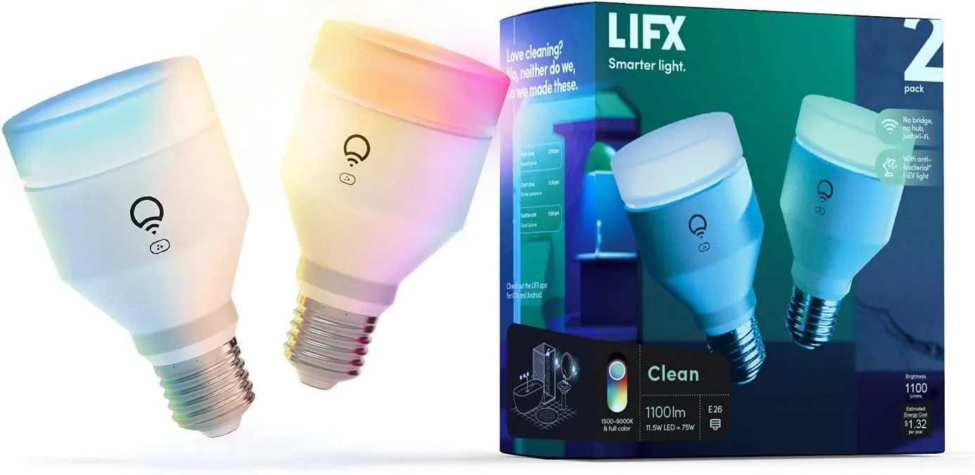 LIFX Clean, A19 1100 lumens, Full Color with Antibacterial HEV, Wi-Fi Smart LED Light Bulb, No Bridge Required, Compatible with Alexa, Hey Google, HomeKit and Siri (2-Pack), 75W
