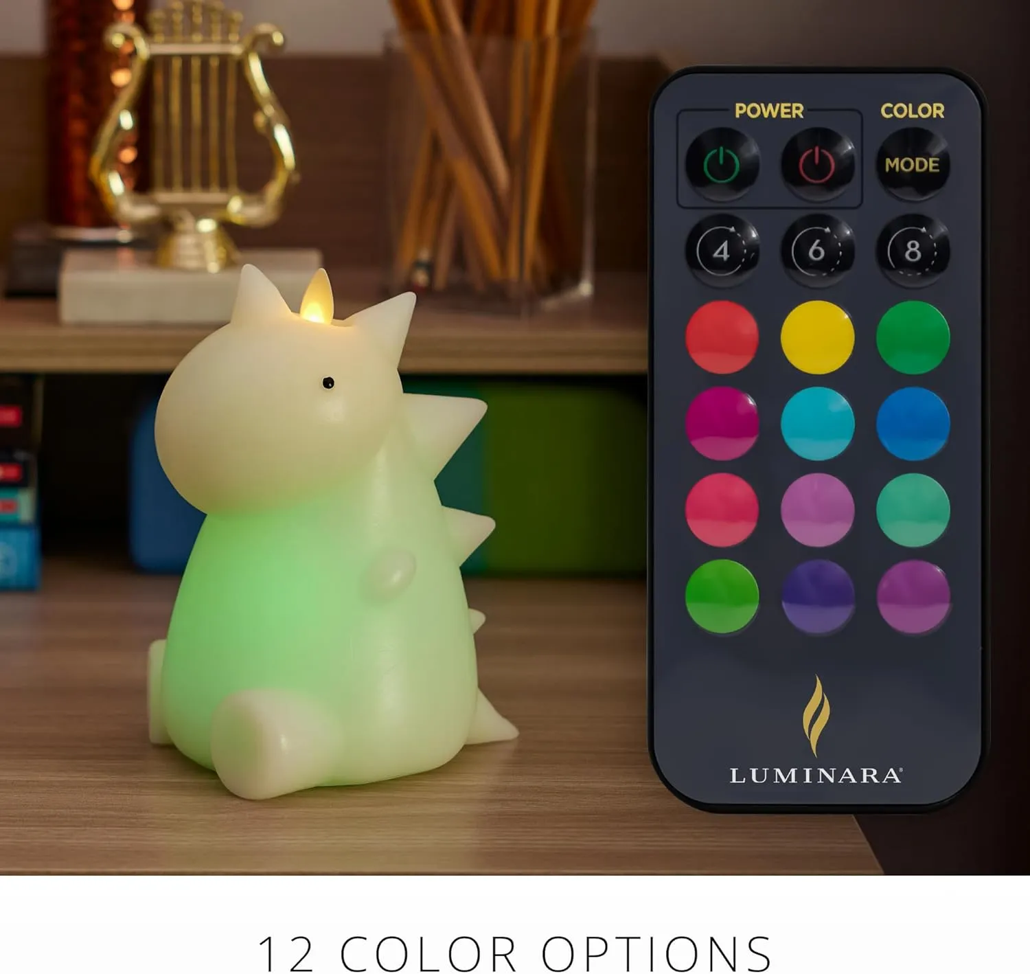 Luminara Flameless Dinosaur Figural Color Changing LED Candle, 5.7" x 6.7", Real Wax Moving Flame Battery Operated w/ 18 Button Remote, Unscented Safe