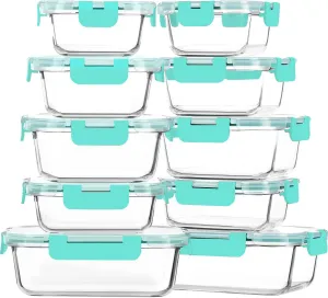 M MCIRCO 10-Pack Glass Food Storage Container with Lids, Airtight Glass Lunch Bento Boxes, Glass Meal Prep Container,Microwave, Oven, Freezer and Dishwasher Friendly, Green