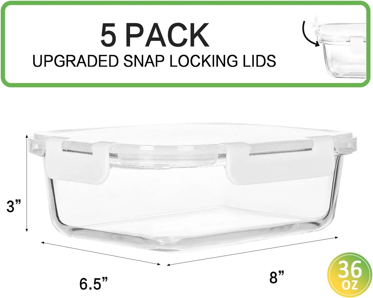 M MCIRCO [5-Packs, 36 Oz.] Glass Meal Prep Containers with Locking Lids Glass Food Containers,Airtight Lunch Container,Microwave, Oven, Freezer and Dishwasher (4.5 Cup, White)