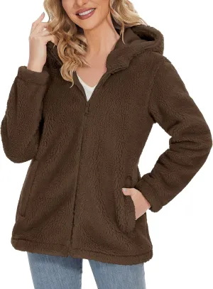 MAGCOMSEN Women's Sherpa Jacket Zip Up Hoodie Fuzzy Teddy Coat with Zipper Pockets Lightweight Fleece Lined Warm Winter Coat