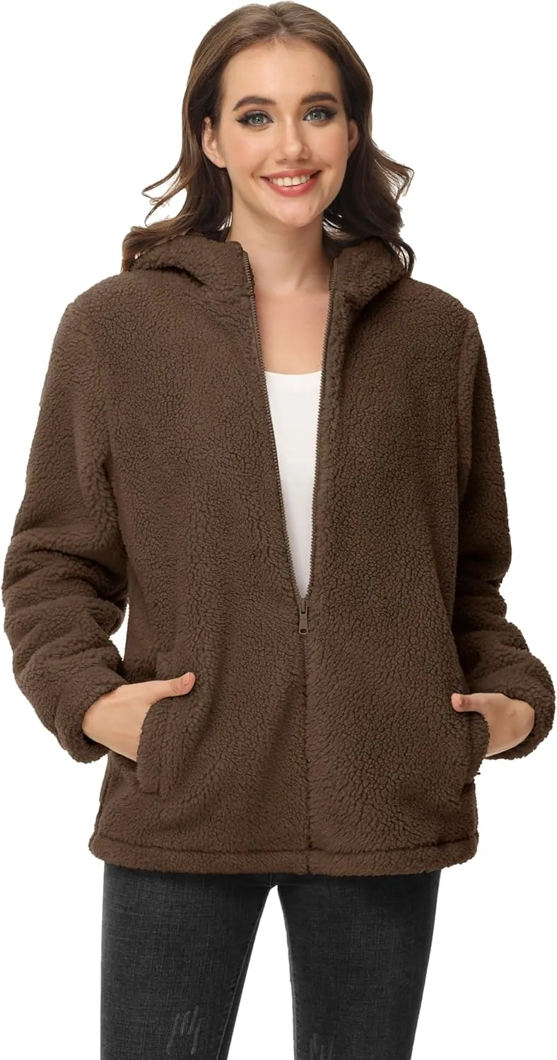 MAGCOMSEN Women's Sherpa Jacket Zip Up Hoodie Fuzzy Teddy Coat with Zipper Pockets Lightweight Fleece Lined Warm Winter Coat