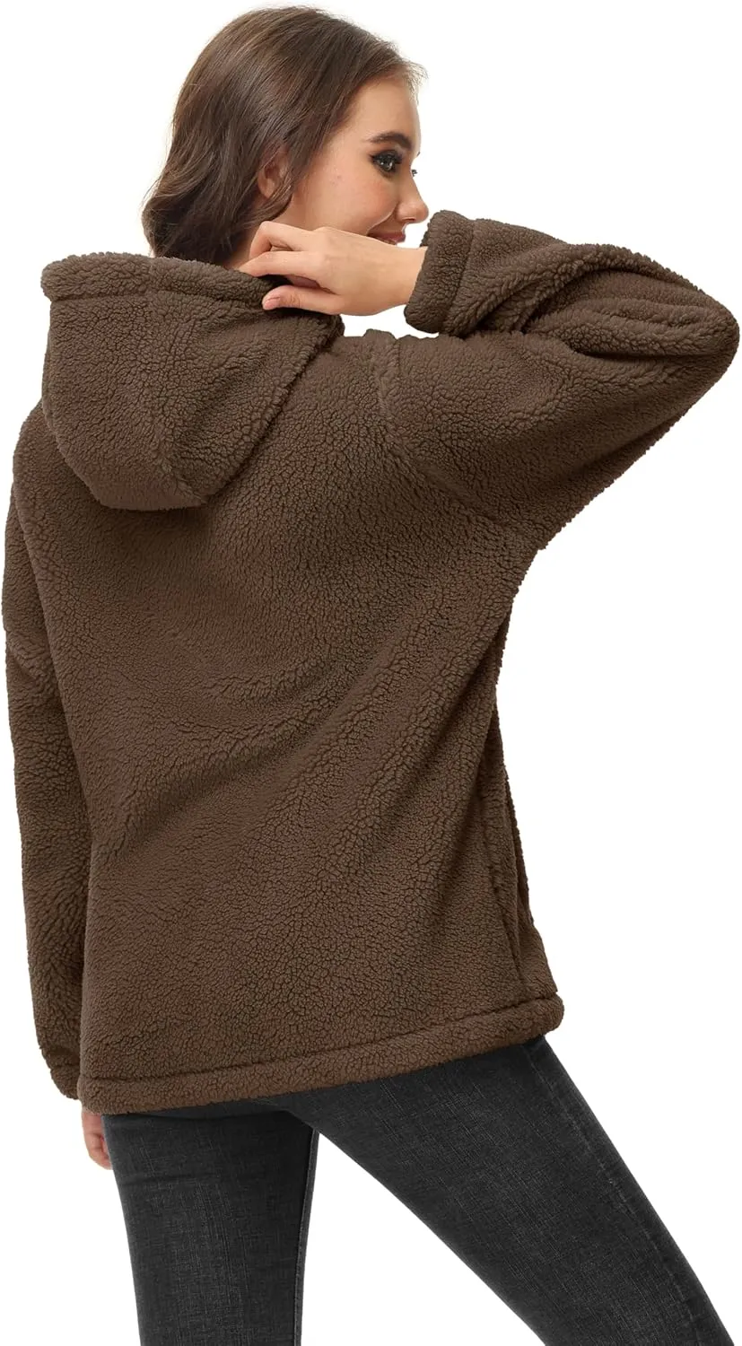 MAGCOMSEN Women's Sherpa Jacket Zip Up Hoodie Fuzzy Teddy Coat with Zipper Pockets Lightweight Fleece Lined Warm Winter Coat