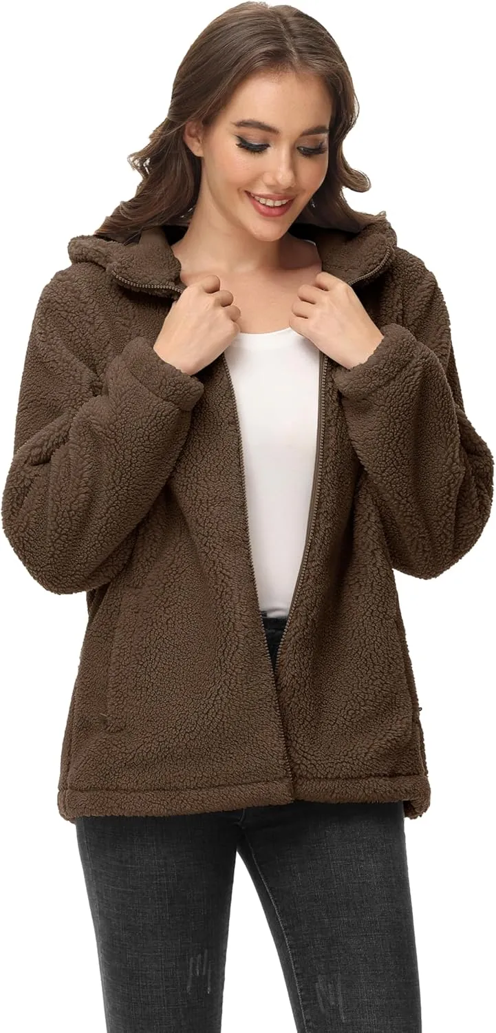 MAGCOMSEN Women's Sherpa Jacket Zip Up Hoodie Fuzzy Teddy Coat with Zipper Pockets Lightweight Fleece Lined Warm Winter Coat