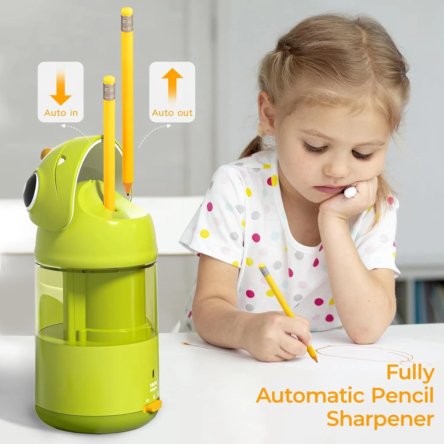 M&G Electric Cute Pencil Sharpeners for 7-8mm Colored Pencils, Fully Automatic Dinosaur Pencil Sharpener, Auto in & Out, Rechargeable Hands-Free USB Sharpener for Kids Students Classroom School Office