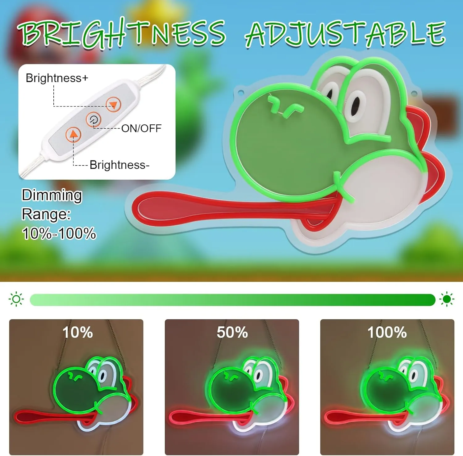 Mario Neon Sign Yoshi LED Lights Dinosaur Neon Light 16in Anime Light USB Powered with Ten Brightness Settings for Bedroom Boys Wall Decor Gamer Kids Gifts
