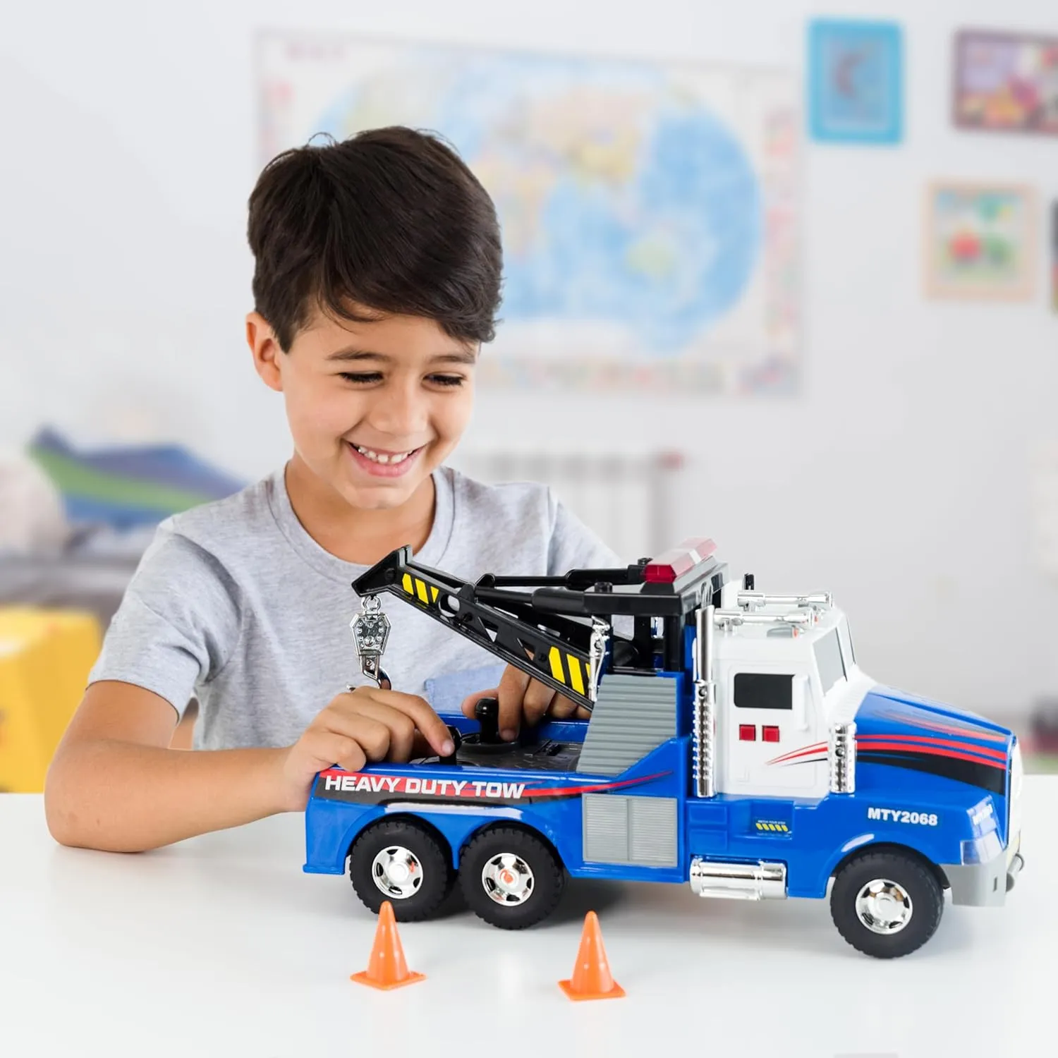 Mighty Fleet Mighty Motorized Tow Truck Toy w/Lights & Sounds, Motorized Winch, Traffic Cones, Realistic Design & Batteries Included - Age 3 