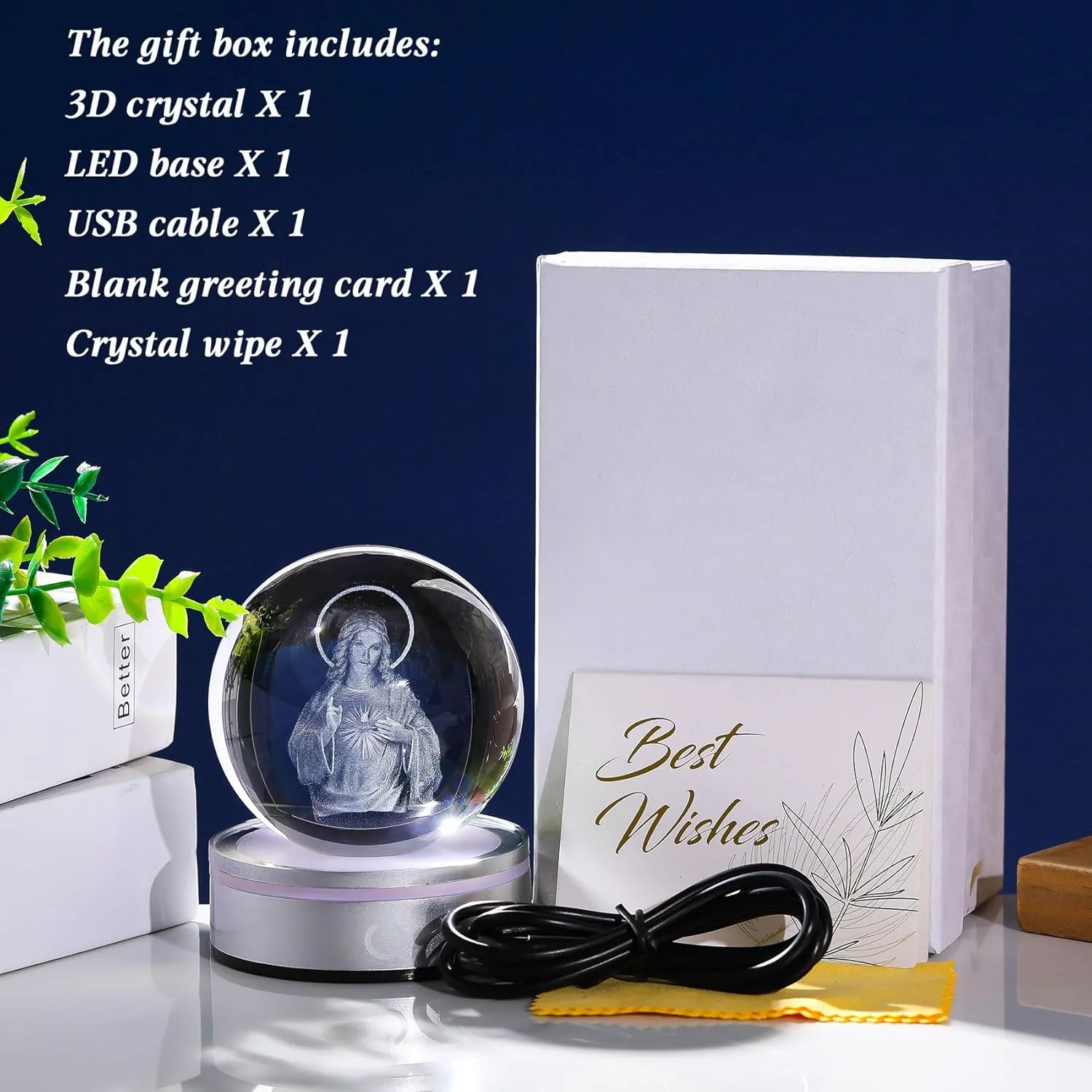 Movdyka 3D Crystal Ball Jesus Statue Christian Gift for Women & Men - Laser Engraved Sacred Heart of Jesus Figurine with Night Light Base