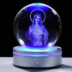 Movdyka 3D Crystal Ball Jesus Statue Christian Gift for Women & Men - Laser Engraved Sacred Heart of Jesus Figurine with Night Light Base