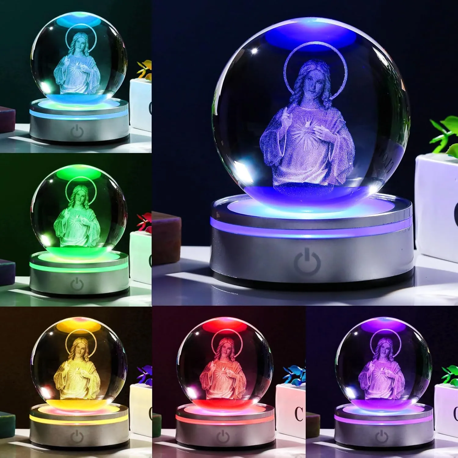 Movdyka 3D Crystal Ball Jesus Statue Christian Gift for Women & Men - Laser Engraved Sacred Heart of Jesus Figurine with Night Light Base