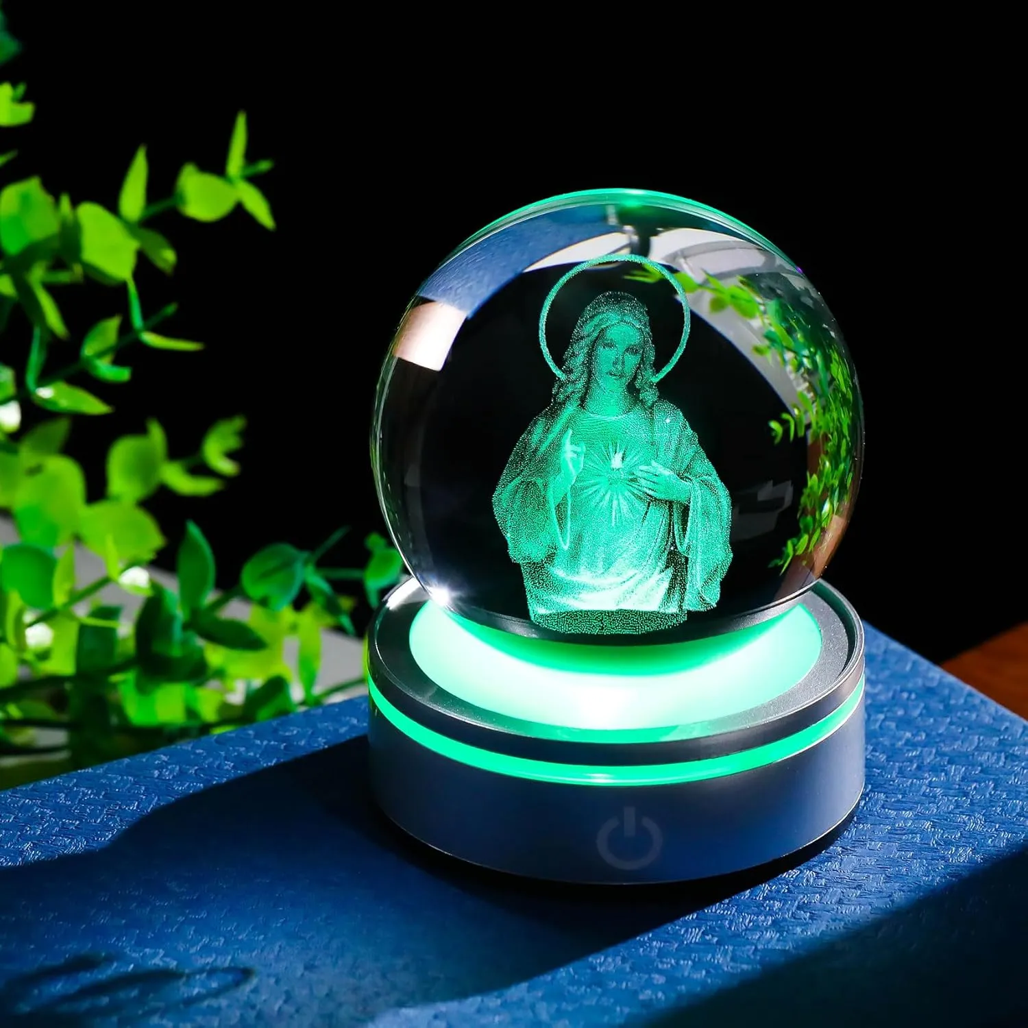 Movdyka 3D Crystal Ball Jesus Statue Christian Gift for Women & Men - Laser Engraved Sacred Heart of Jesus Figurine with Night Light Base
