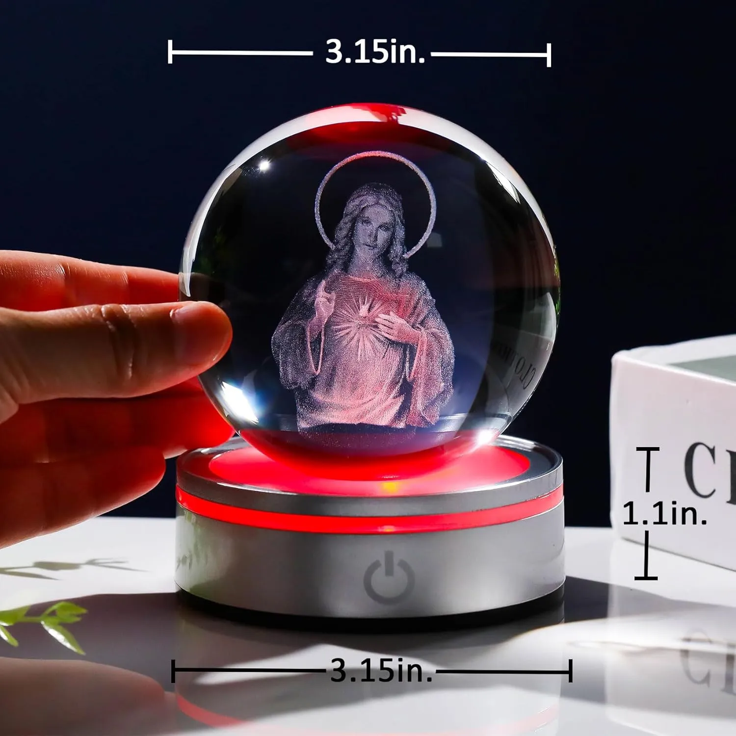 Movdyka 3D Crystal Ball Jesus Statue Christian Gift for Women & Men - Laser Engraved Sacred Heart of Jesus Figurine with Night Light Base