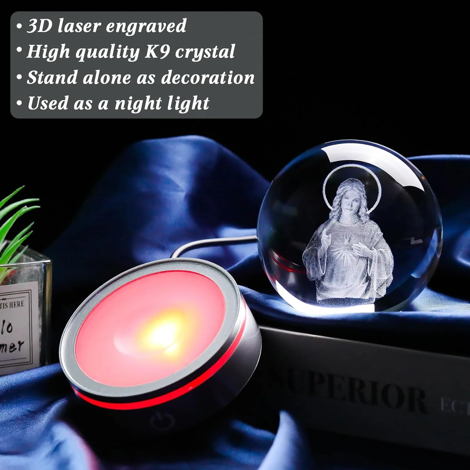 Movdyka 3D Crystal Ball Jesus Statue Christian Gift for Women & Men - Laser Engraved Sacred Heart of Jesus Figurine with Night Light Base