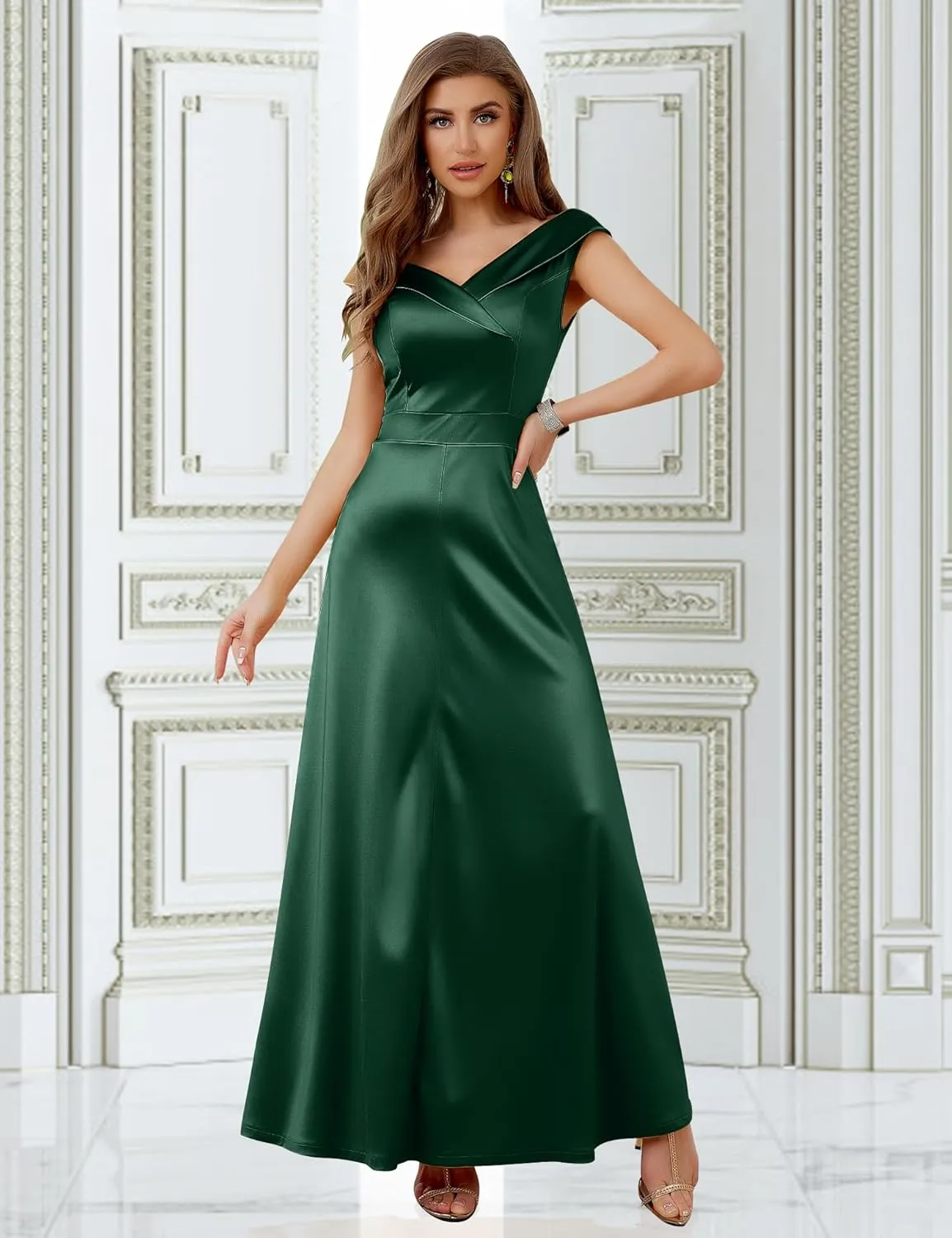 MUXXN Women's Vintage 50s Peter Pan V Neck Wedding Prom Party Floor Length Dress