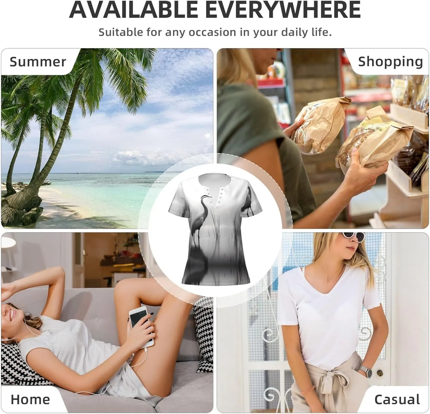North American Crane Pattern Sexy V-Neck Printed Short T-Shirt, Travel Portable Fitness Clothes, Home and Outdoor wear