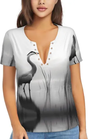 North American Crane Pattern Sexy V-Neck Printed Short T-Shirt, Travel Portable Fitness Clothes, Home and Outdoor wear