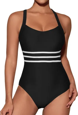 One Piece Swimsuit Women Tummy Control Color Block Stripes Bathing Suit Full Coverage Swimwear Adjustable Straps